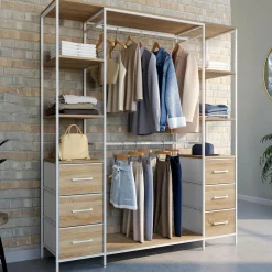 Dressing double penderie + double colonne L. 140 cm avec 6 étagères et 6 bacs en tissu bois et blanc*IDMarket Discount