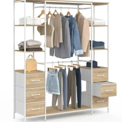 Dressing double penderie + double colonne L. 140 cm avec 6 étagères et 6 bacs en tissu bois et blanc*IDMarket Discount