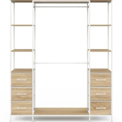 Dressing double penderie + double colonne L. 140 cm avec 6 étagères et 6 bacs en tissu bois et blanc*IDMarket Discount