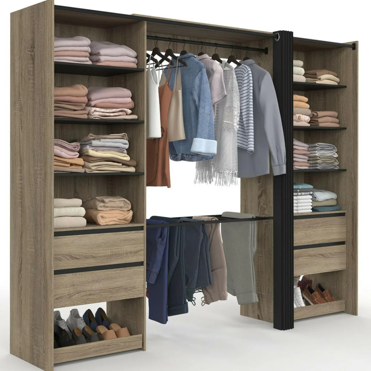 Dressing double XXL 220 cm hêtre avec porte pantalons + étagères + tiroirs + rangements à chaussures et noir*IDMarket Sale