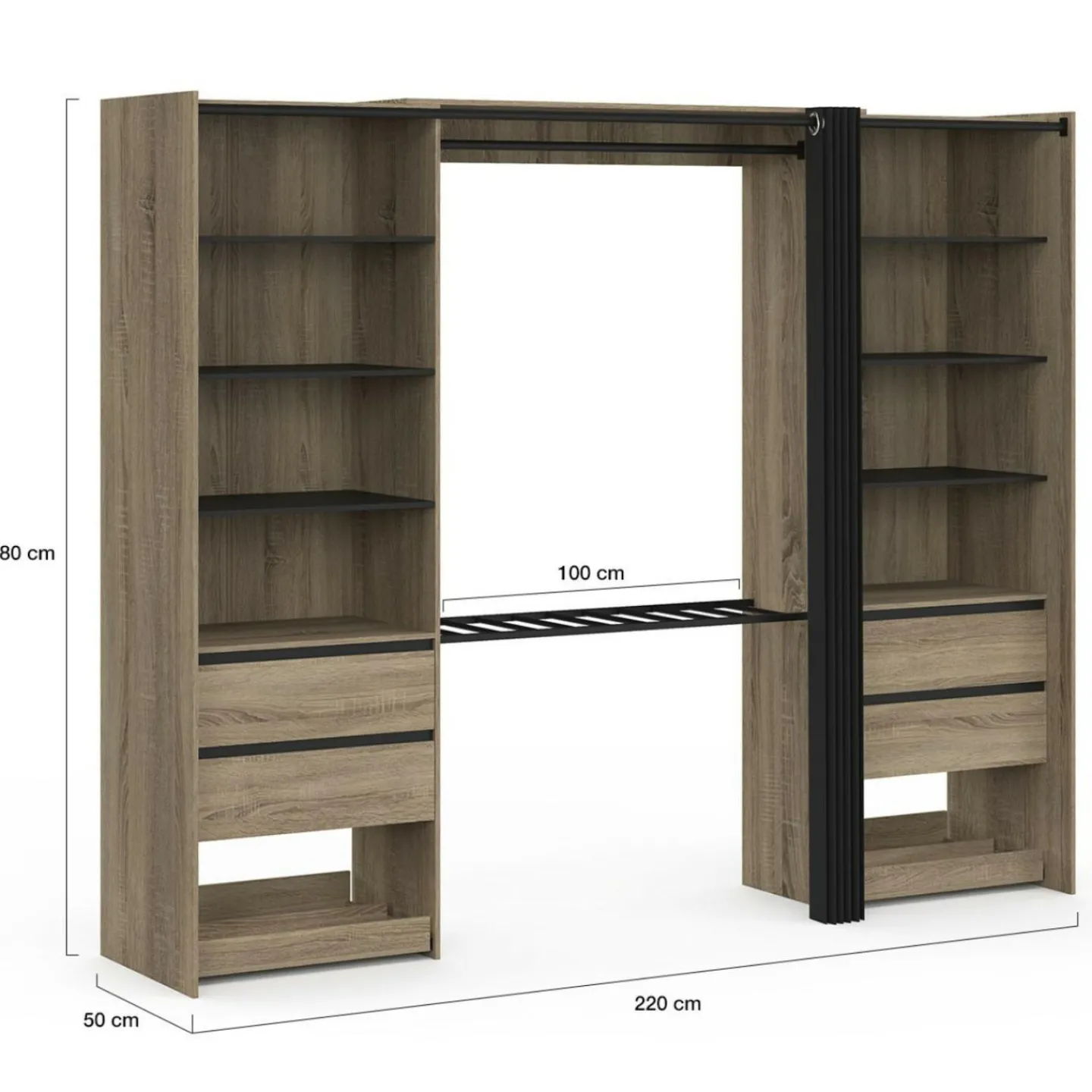 Dressing double XXL 220 cm hêtre avec porte pantalons + étagères + tiroirs + rangements à chaussures et noir*IDMarket Sale