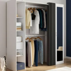 Dressing extensible 145/170 x 50 x 180 cm blanc avec étagères + double penderie + miroir + rideau gris*IDMarket Outlet