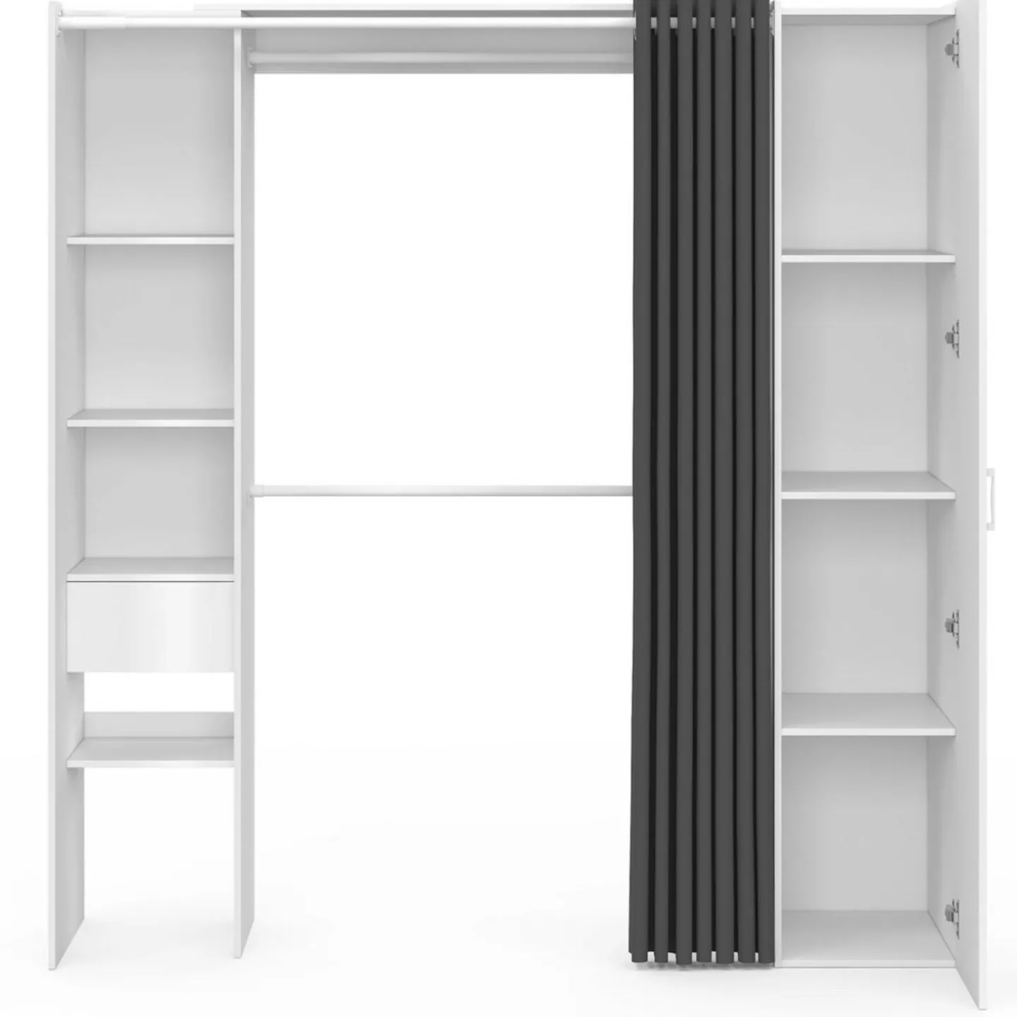 Dressing extensible 145/170 x 50 x 180 cm blanc avec étagères + double penderie + miroir + rideau gris*IDMarket Outlet
