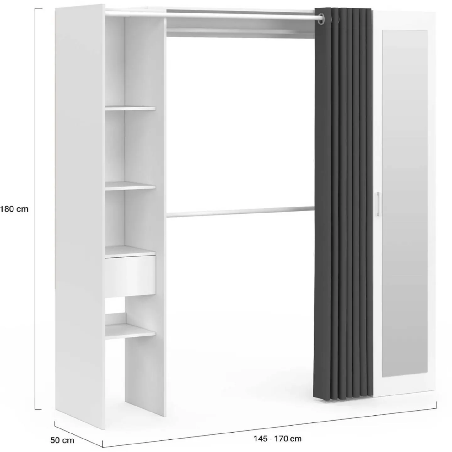 Dressing extensible 145/170 x 50 x 180 cm blanc avec étagères + double penderie + miroir + rideau gris*IDMarket Outlet