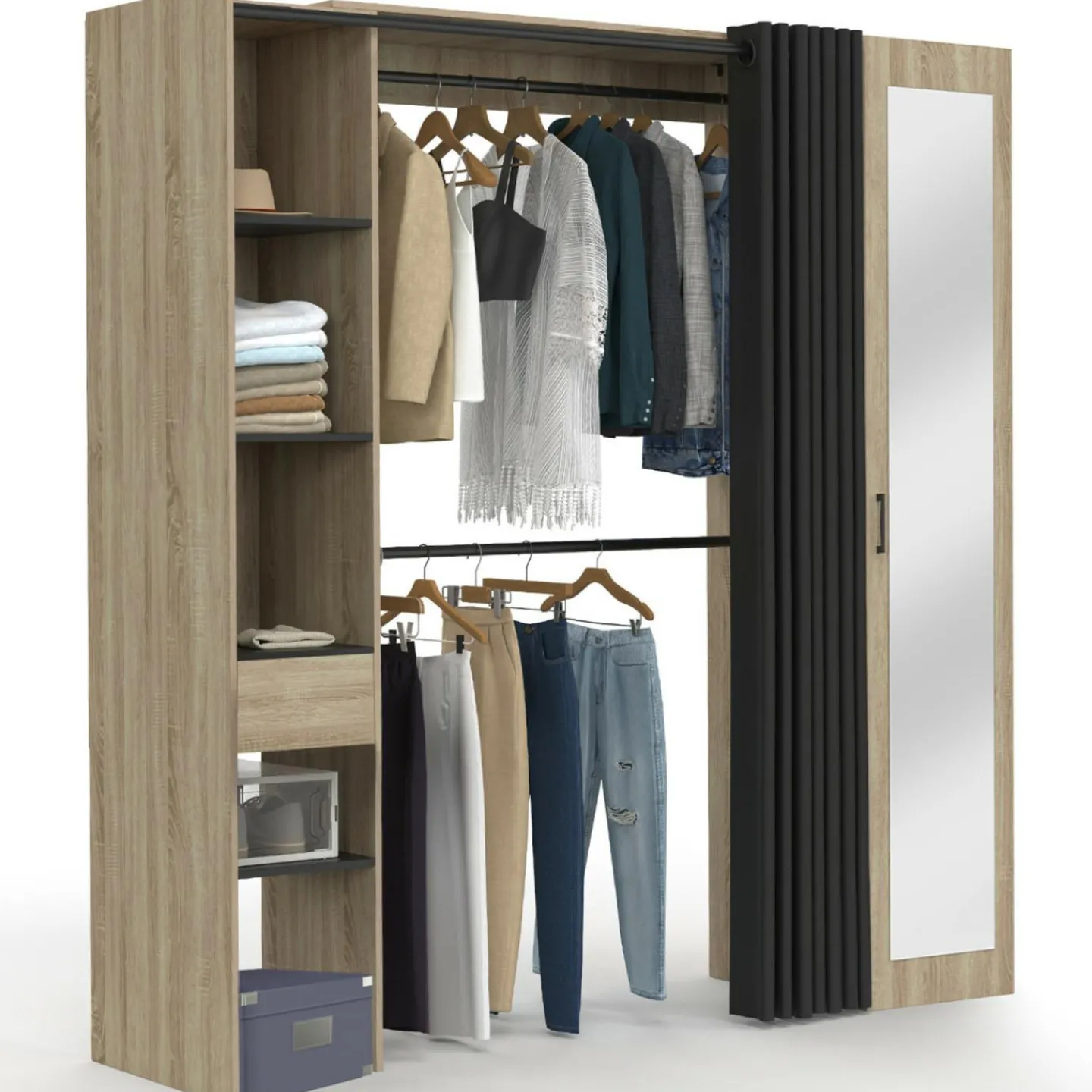 Dressing extensible avec double penderie et rideau noir*IDMarket Best