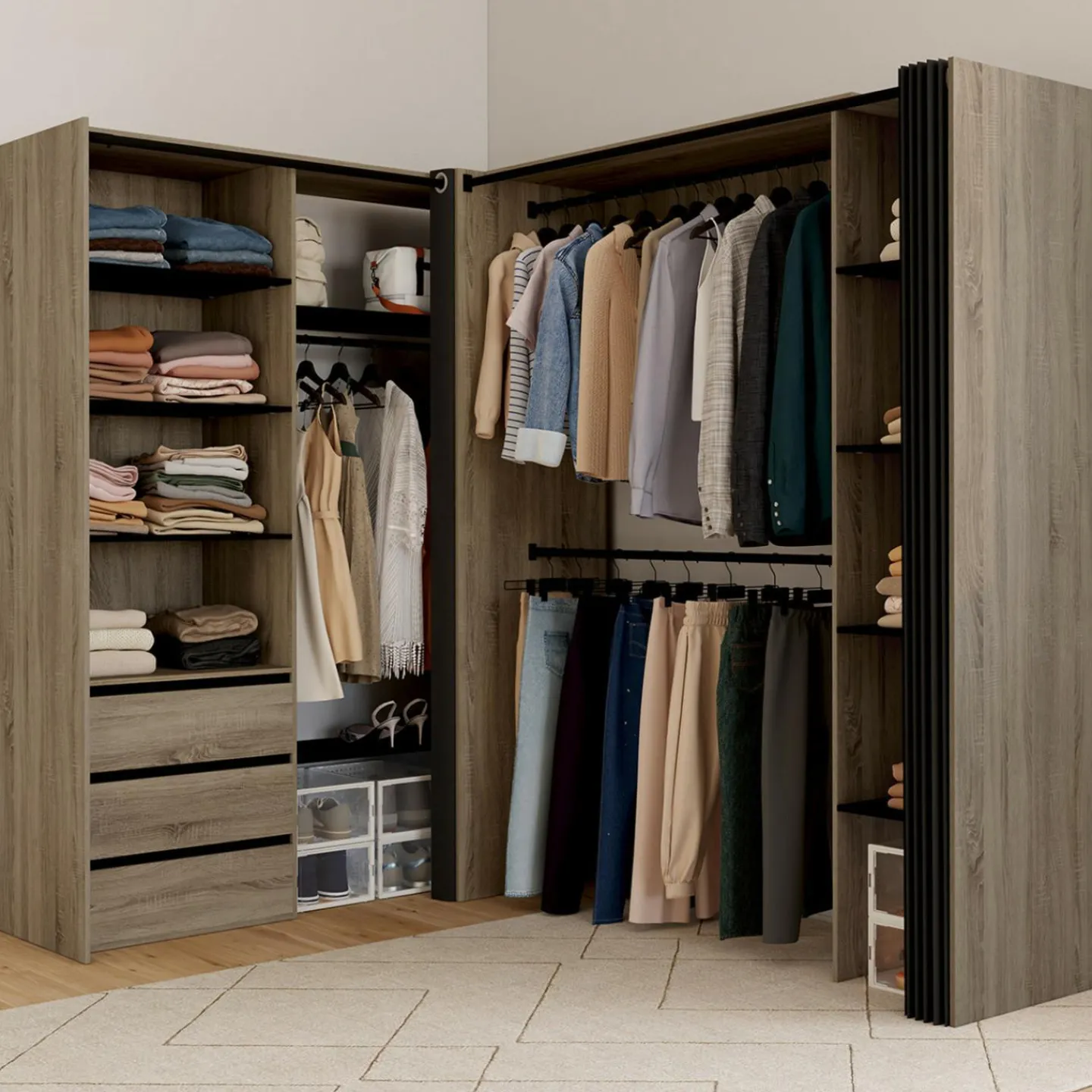 Dressing extensible d'angle 200 x 150 x 180 cm hêtre avec penderies + tiroirs + étagères + rideaux noirs*IDMarket Outlet