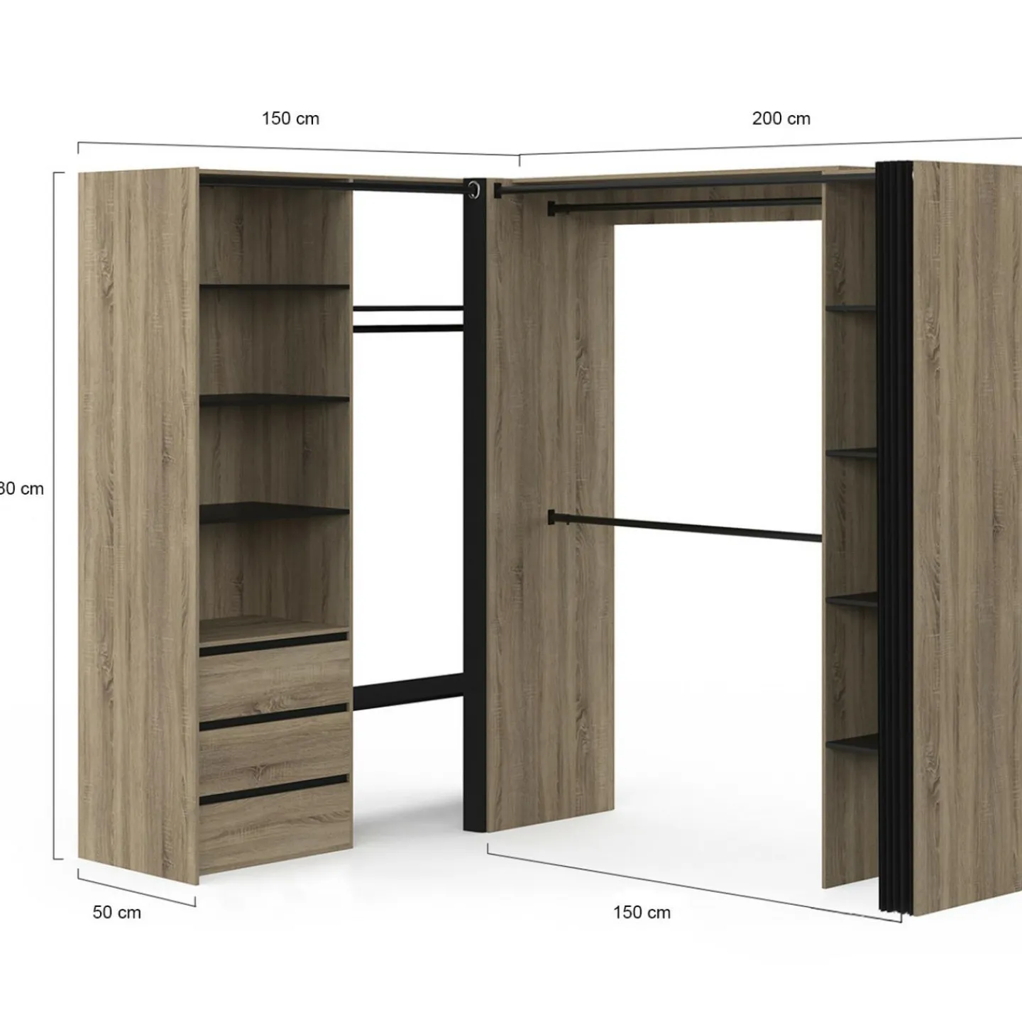 Dressing extensible d'angle 200 x 150 x 180 cm hêtre avec penderies + tiroirs + étagères + rideaux noirs*IDMarket Outlet