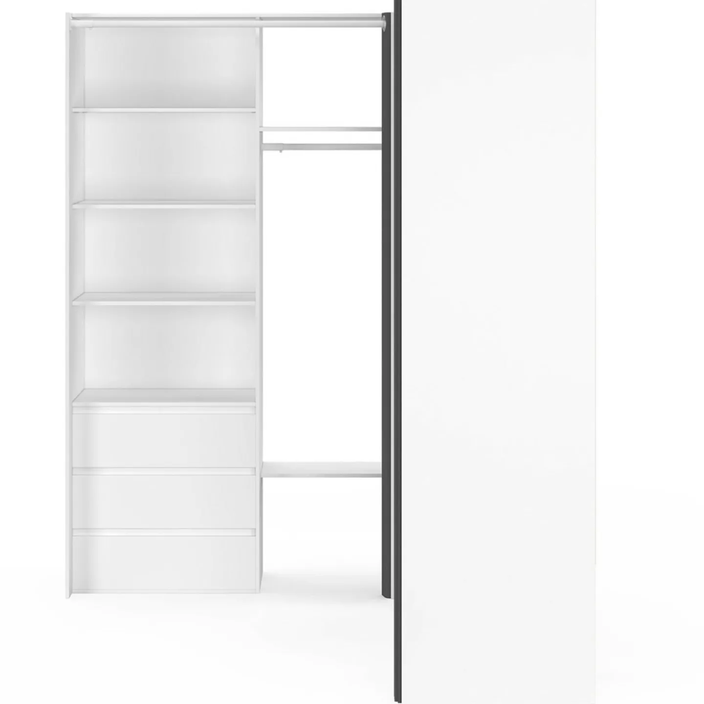 Dressing extensible d'angle 200 x 150 x 180 cm blanc avec penderies + tiroirs + étagères + rideaux gris*IDMarket New