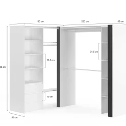 Dressing extensible d'angle 200 x 150 x 180 cm blanc avec penderies + tiroirs + étagères + rideaux gris*IDMarket New