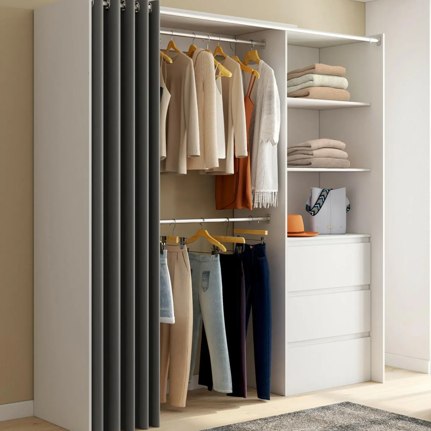 Dressing extensible de 120/170 x 50 x 180 cm blanc avec 3 tiroirs, des étagères et 2 penderies*IDMarket Discount