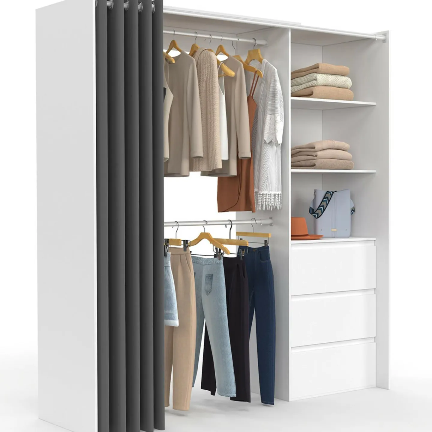 Dressing extensible de 120/170 x 50 x 180 cm blanc avec 3 tiroirs, des étagères et 2 penderies*IDMarket Discount