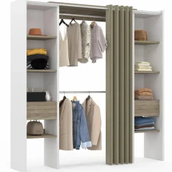 Dressing extensible double blanc et bois avec rideau taupe*IDMarket Hot