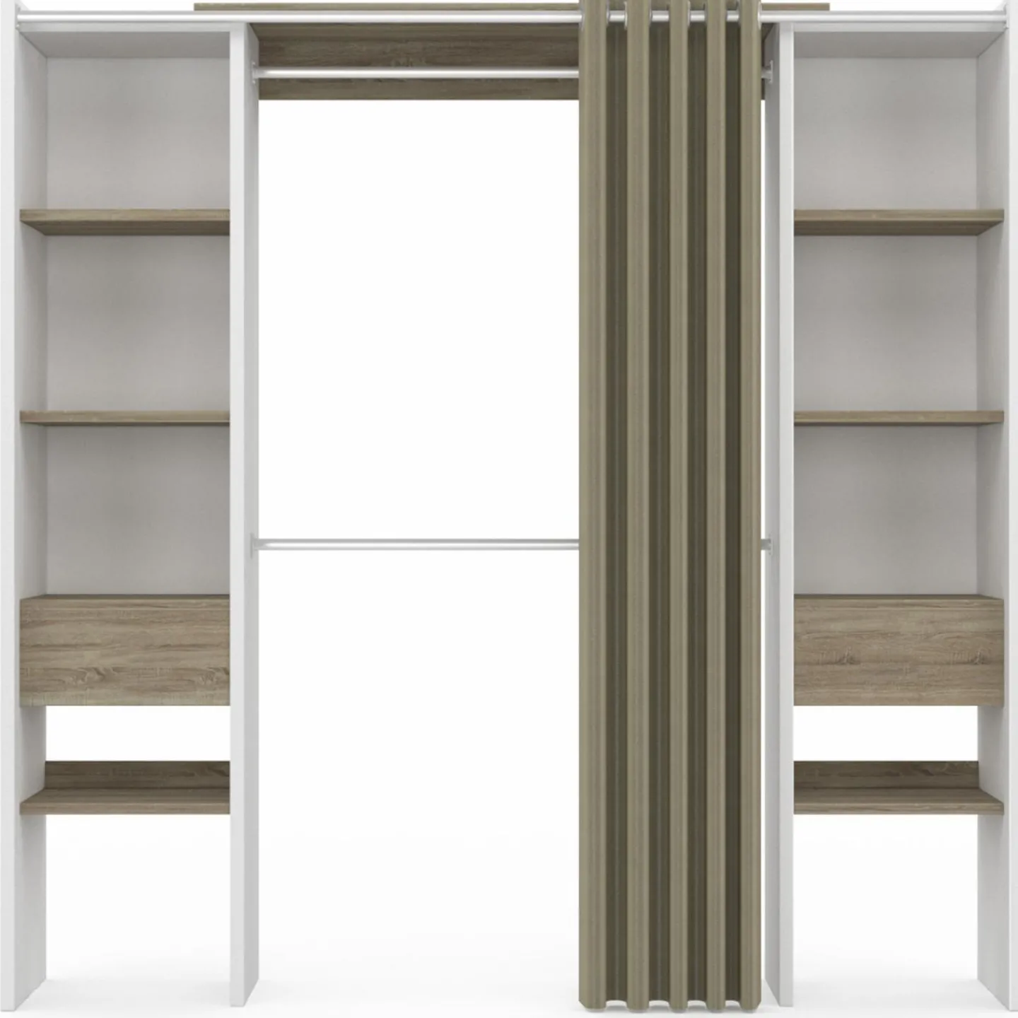 Dressing extensible double blanc et bois avec rideau taupe*IDMarket Hot
