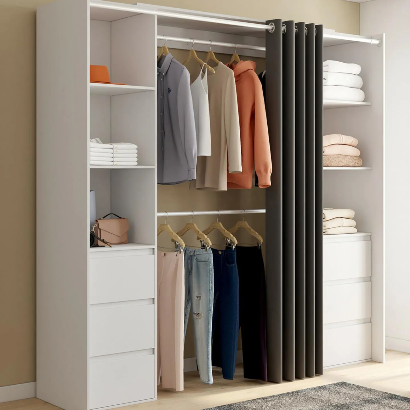 Dressing extensible double blanc 120/180 cm 6 tiroirs + étagères + double penderie + rideau gris*IDMarket Best
