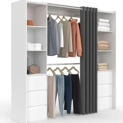 Dressing extensible double blanc 120/180 cm 6 tiroirs + étagères + double penderie + rideau gris*IDMarket Best