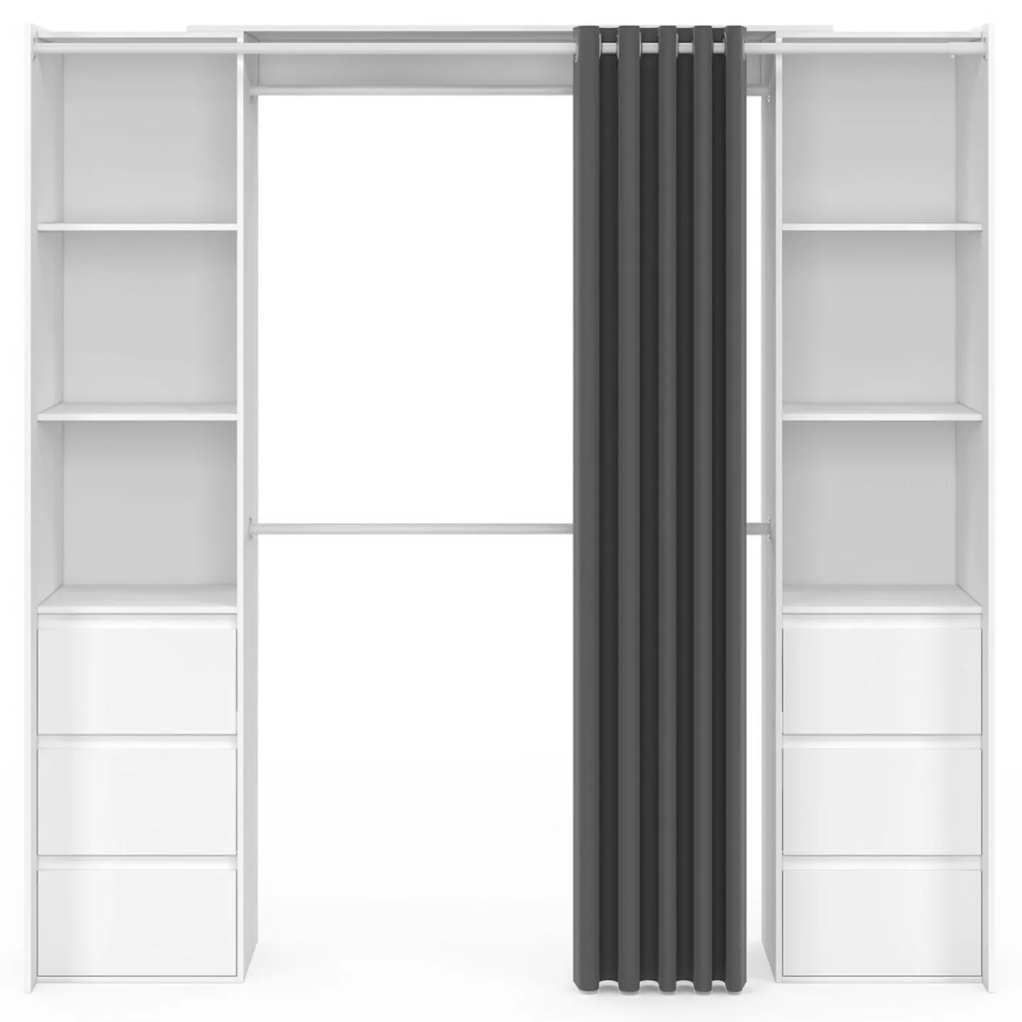 Dressing extensible double blanc 120/180 cm 6 tiroirs + étagères + double penderie + rideau gris*IDMarket Best