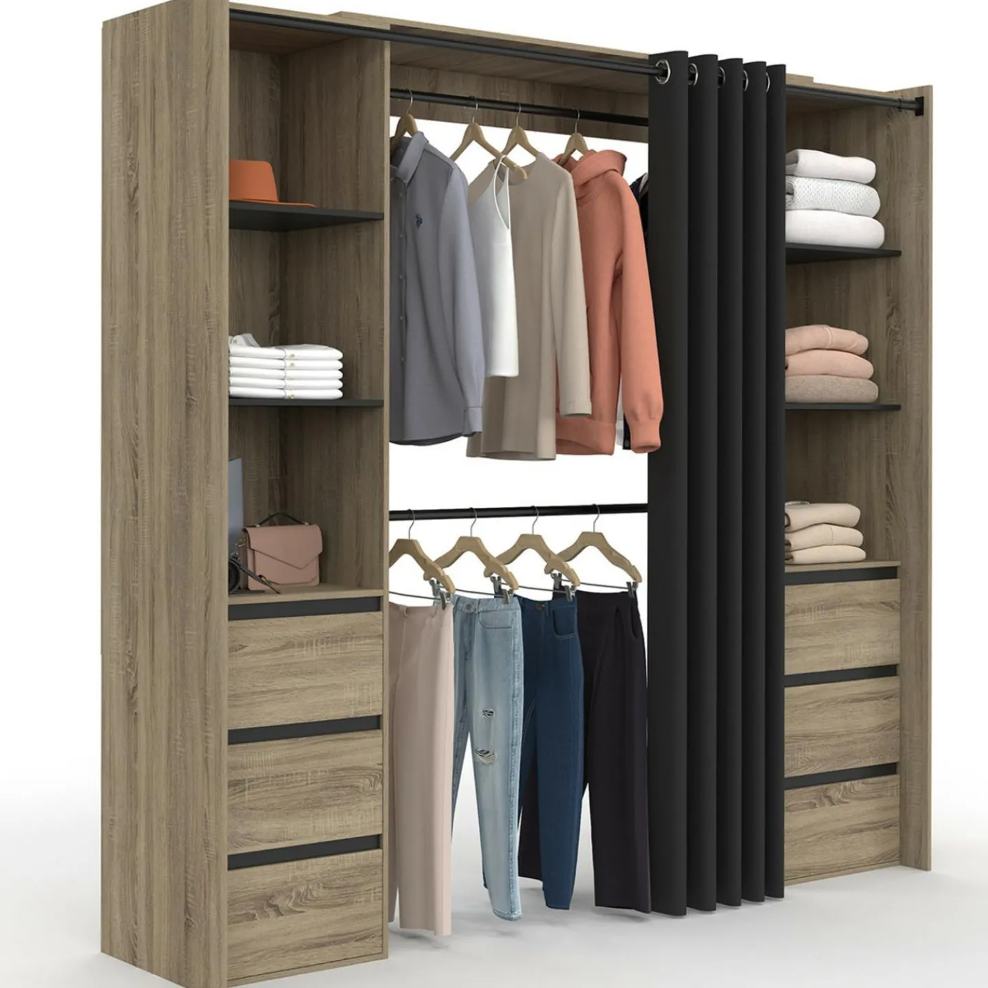 Dressing extensible double effet hêtre 120/180 cm 6 tiroirs + étagères + double penderie + rideau noir*IDMarket Clearance