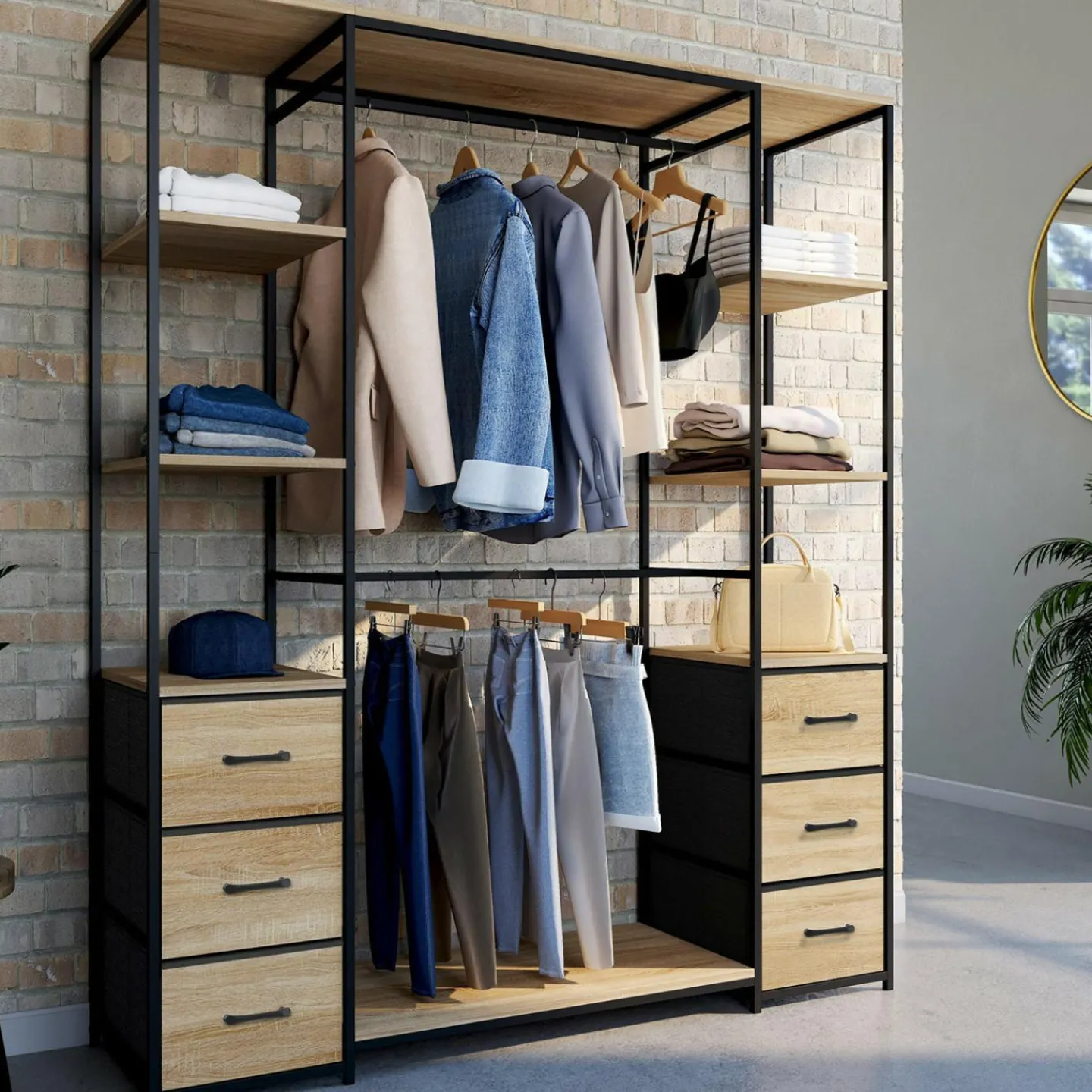 Dressing industriel double penderie bois et noir avec étagères et bacs*IDMarket Outlet