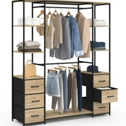 Dressing industriel double penderie bois et noir avec étagères et bacs*IDMarket Outlet