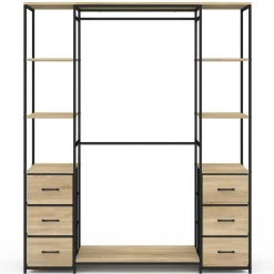 Dressing industriel double penderie bois et noir avec étagères et bacs*IDMarket Outlet