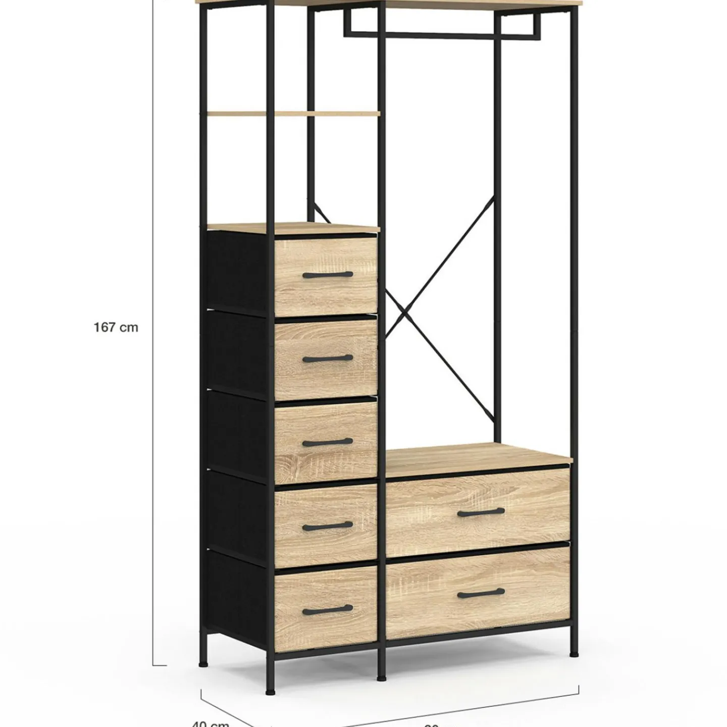 Dressing penderie + colonne avec 1 étagère et 7 bacs en tissu bois et noir L. 90 cm*IDMarket Discount