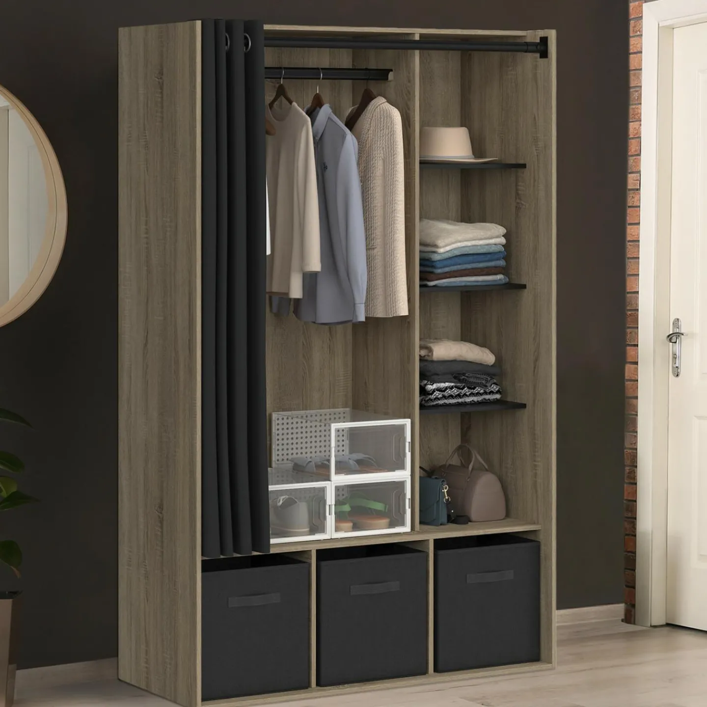 Dressing penderie avec rideau et étagères bois et noir*IDMarket Outlet