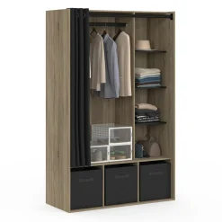 Dressing penderie avec rideau et étagères bois et noir*IDMarket Outlet