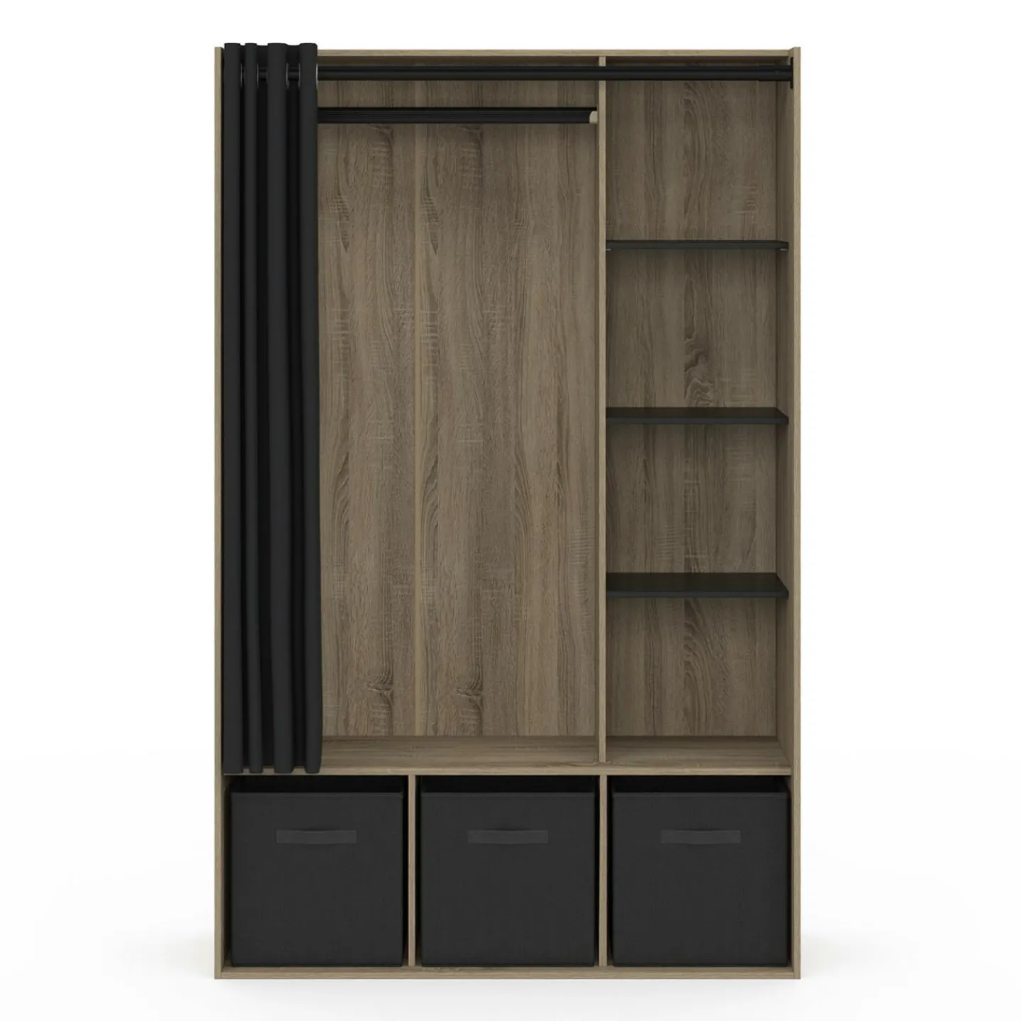 Dressing penderie avec rideau et étagères bois et noir*IDMarket Outlet