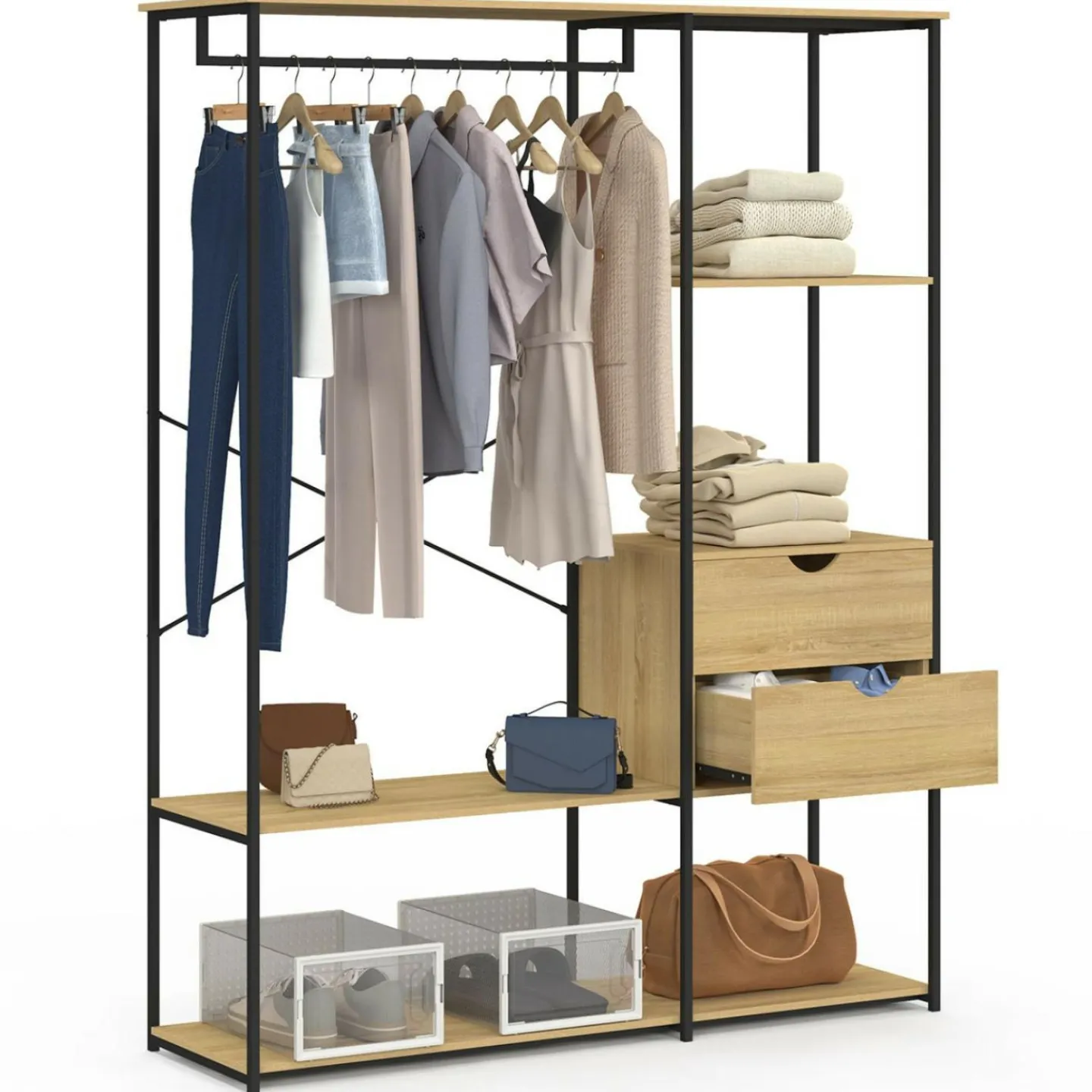 Dressing penderie avec étagères et 2 tiroirs L. 130 cm design industriel*IDMarket New