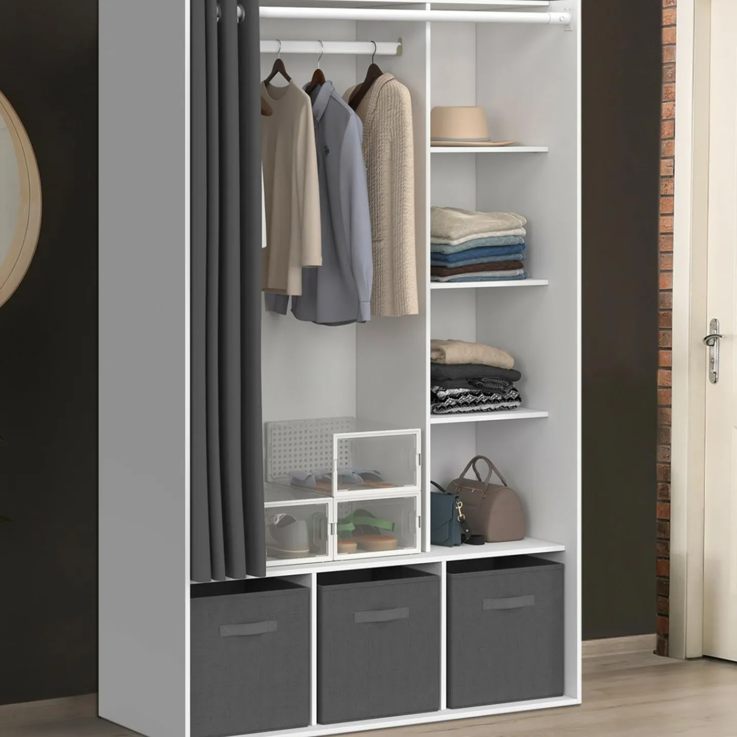 Dressing penderie blanc avec rideaux gris*IDMarket Outlet