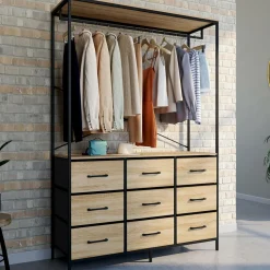 Dressing penderie L. 115 cm avec 9 bacs en tissu bois et noir*IDMarket Hot