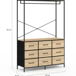 Dressing penderie L. 115 cm avec 9 bacs en tissu bois et noir*IDMarket Hot