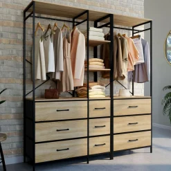 Dressing penderie modulable L. 150 cm XXL avec 3 étagères et 9 bacs en tissu bois et noir*IDMarket Hot