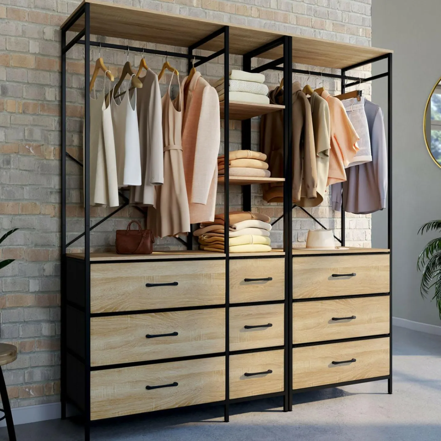 Dressing penderie modulable L. 150 cm XXL avec 3 étagères et 9 bacs en tissu bois et noir*IDMarket Hot