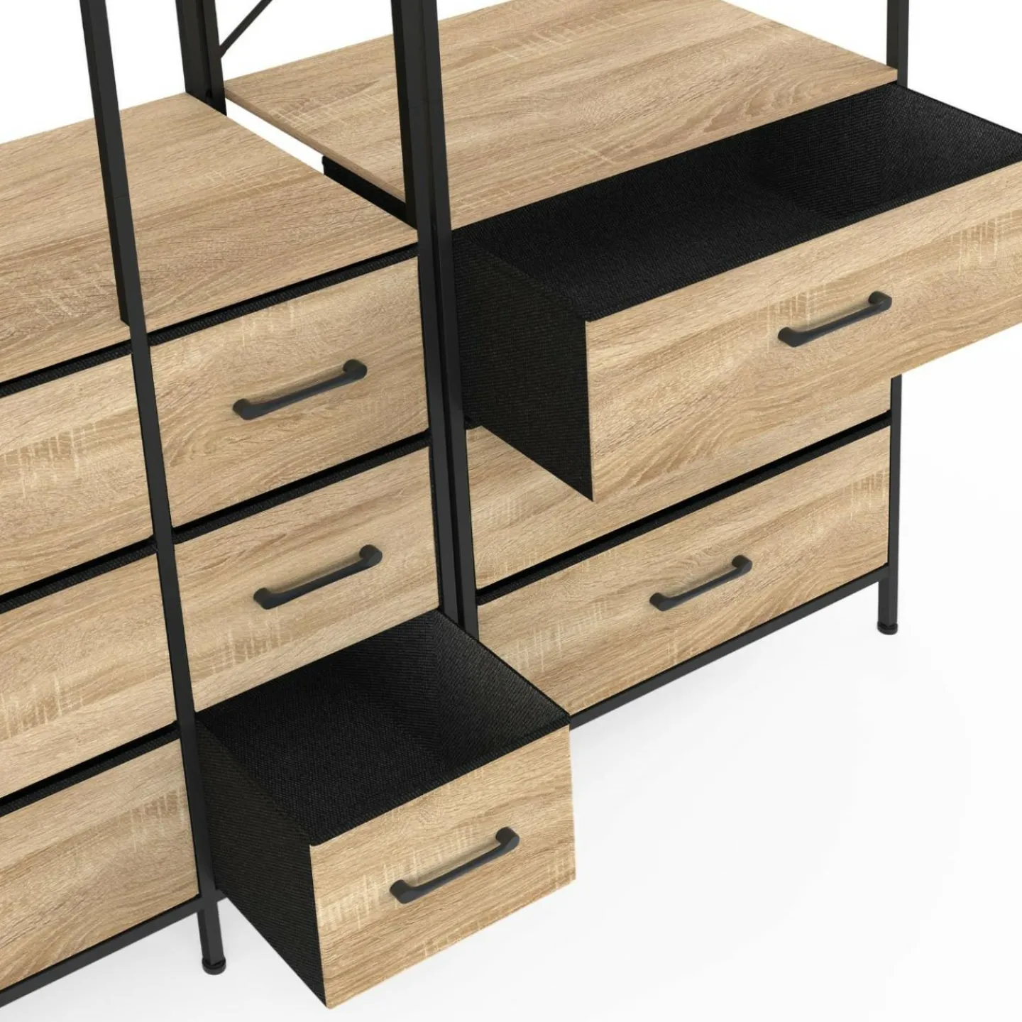 Dressing penderie modulable L. 150 cm XXL avec 3 étagères et 9 bacs en tissu bois et noir*IDMarket Hot