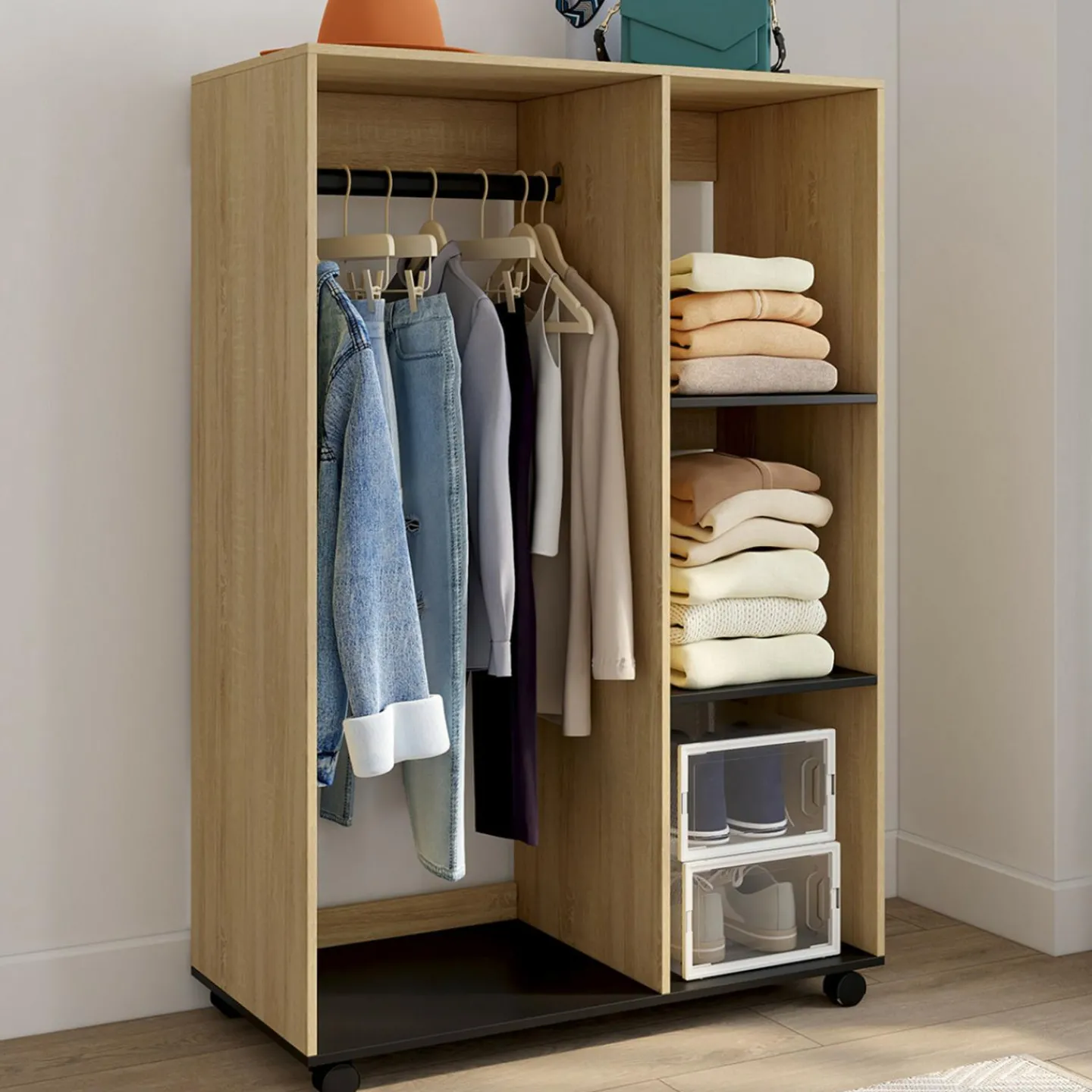 Dressing penderie RACHEL 80 x 40 x 120 cm à roulettes hêtre et noir*IDMarket New