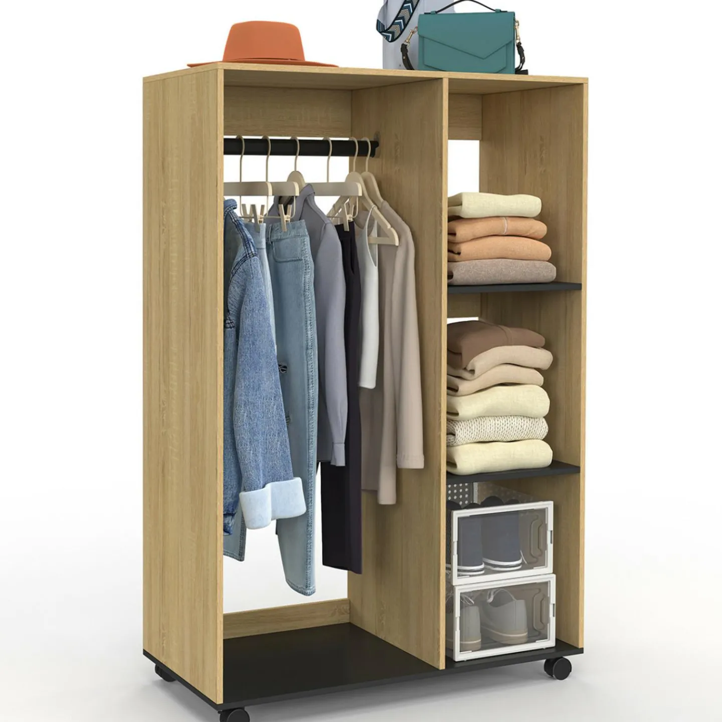 Dressing penderie RACHEL 80 x 40 x 120 cm à roulettes hêtre et noir*IDMarket New