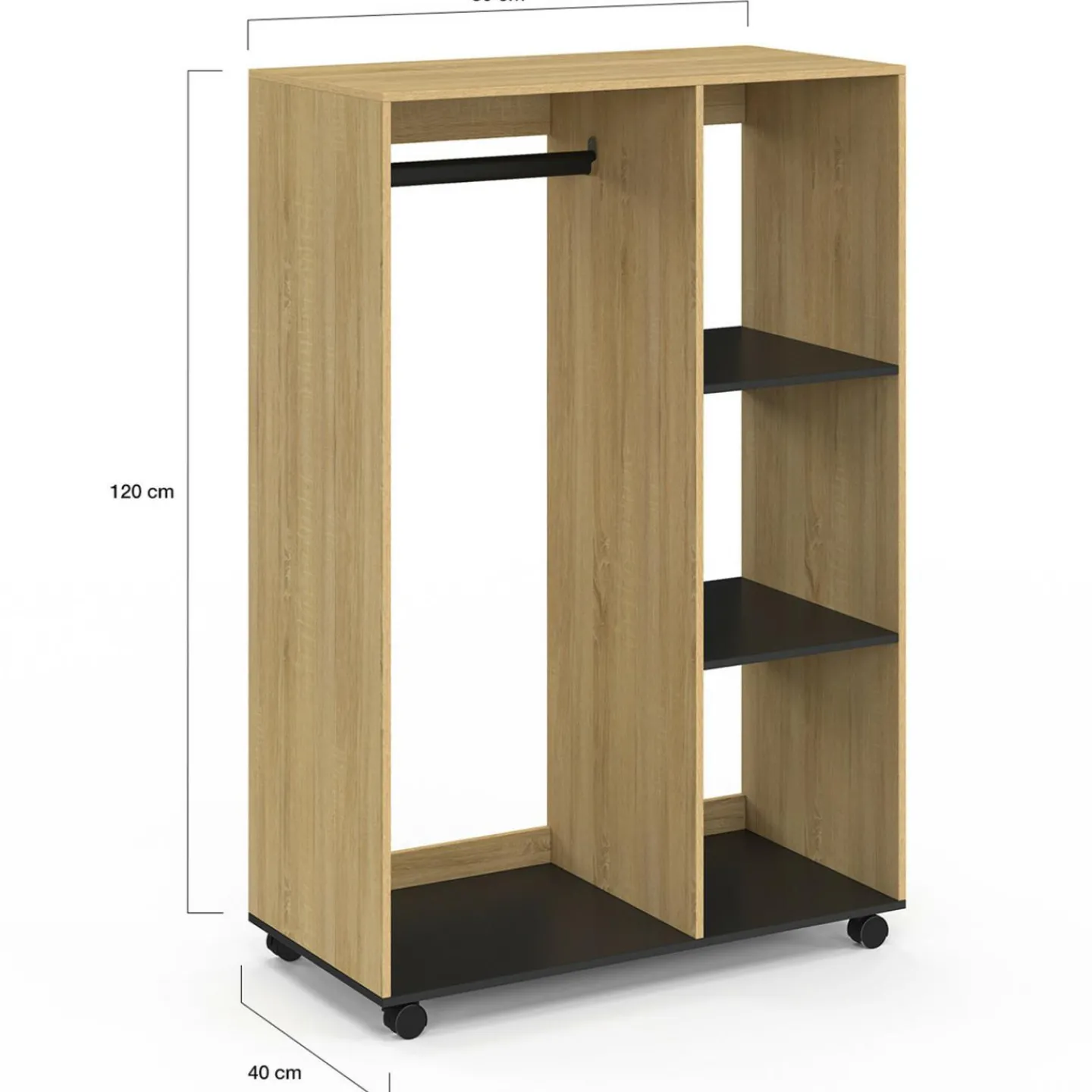 Dressing penderie RACHEL 80 x 40 x 120 cm à roulettes hêtre et noir*IDMarket New