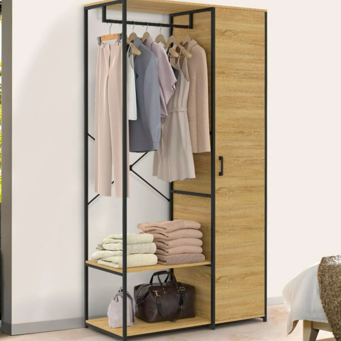 Dressing penderie étagères avec porte L. 90 cm design industriel*IDMarket Discount