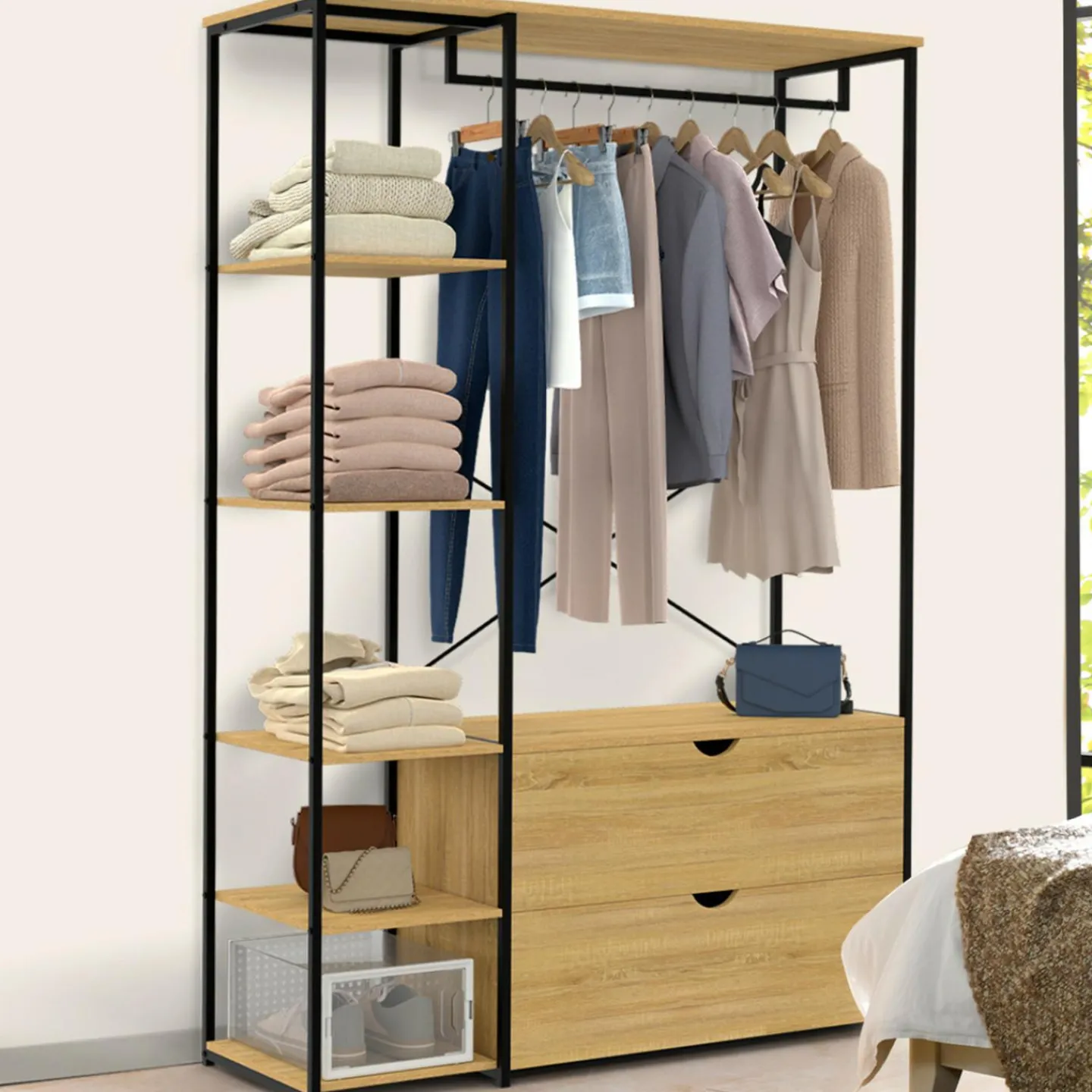 Dressing penderie étagères 2 tiroirs design industriel L. 113 cm*IDMarket Discount