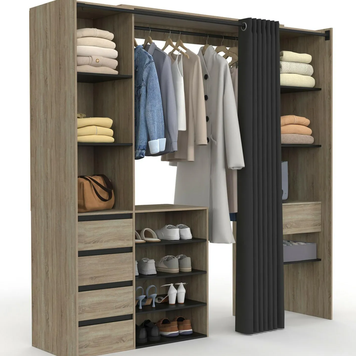 Dressing XXL extensible 120/180 cm en hêtre avec penderie, étagères et tiroirs*IDMarket New