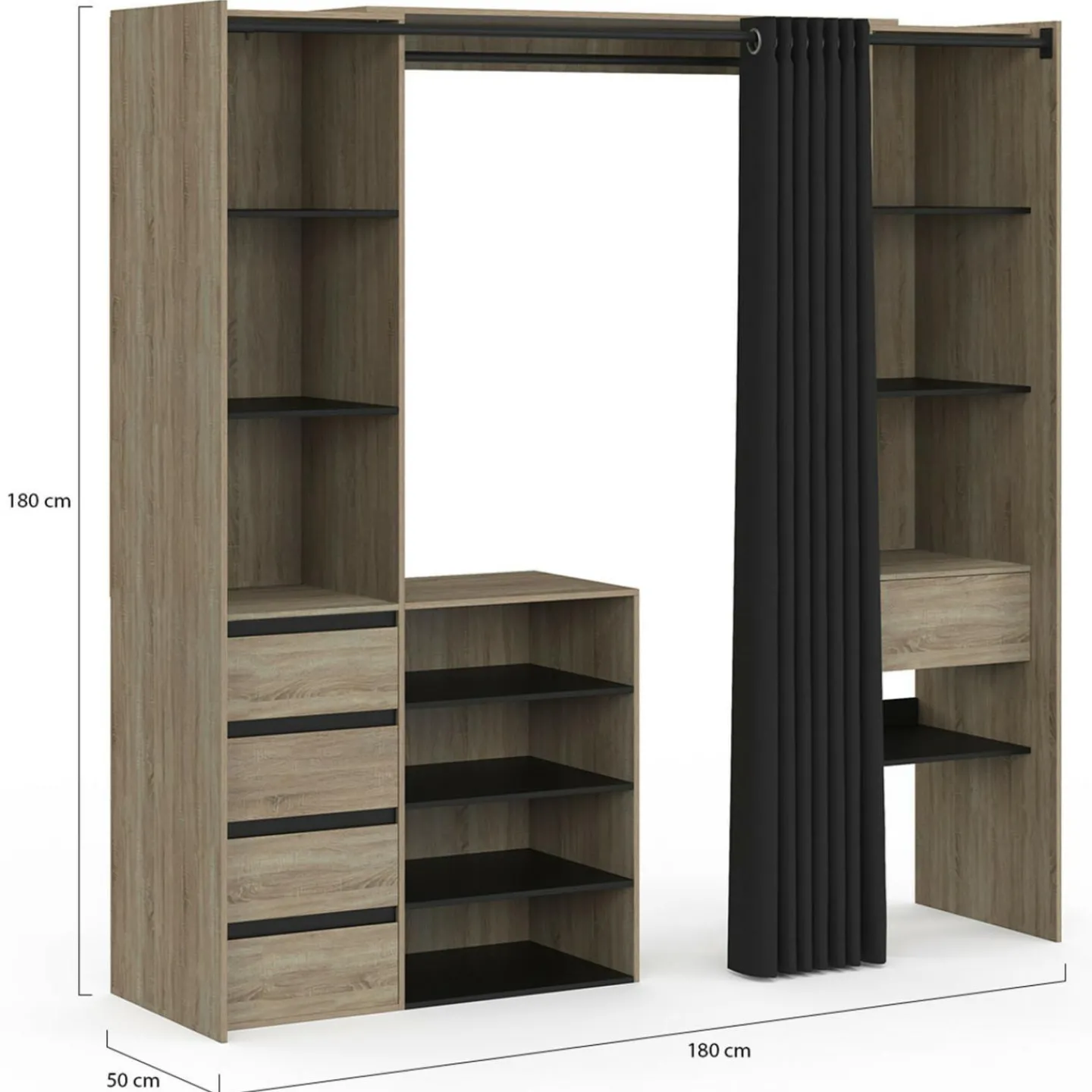 Dressing XXL extensible 120/180 cm en hêtre avec penderie, étagères et tiroirs*IDMarket New