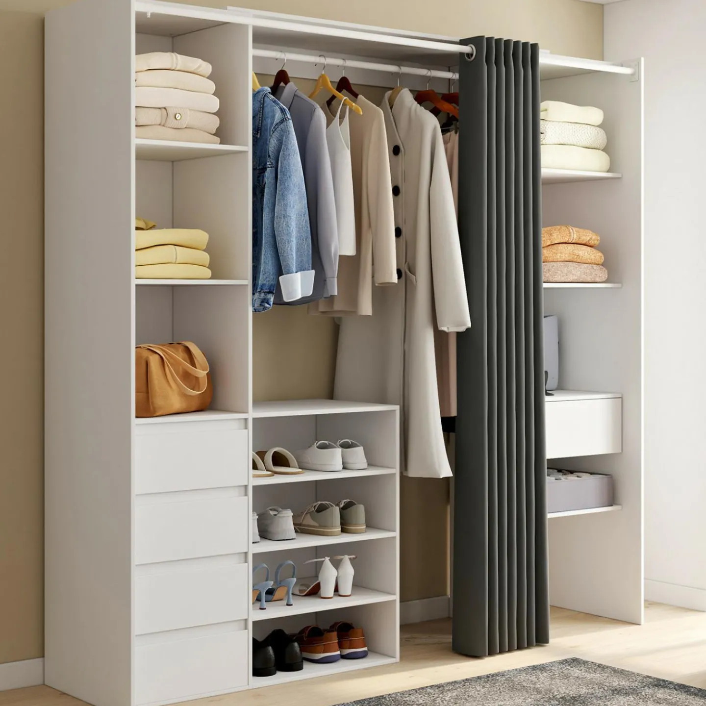 Dressing XXL extensible 120/180 cm blanc avec tiroirs + étagères + penderie + rideau gris*IDMarket Hot