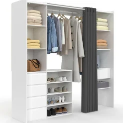 Dressing XXL extensible 120/180 cm blanc avec tiroirs + étagères + penderie + rideau gris*IDMarket Hot