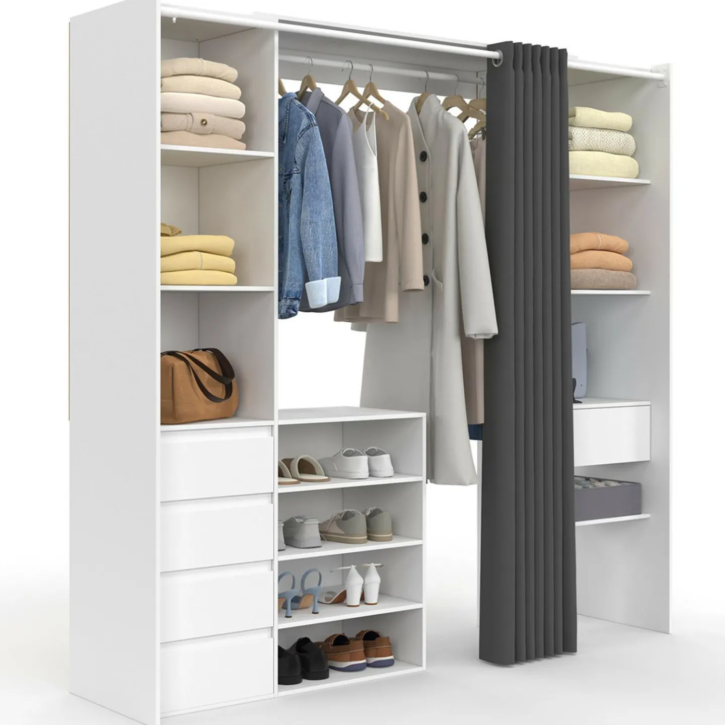 Dressing XXL extensible 120/180 cm blanc avec tiroirs + étagères + penderie + rideau gris*IDMarket Hot