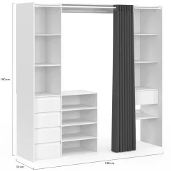 Dressing XXL extensible 120/180 cm blanc avec tiroirs + étagères + penderie + rideau gris*IDMarket Hot