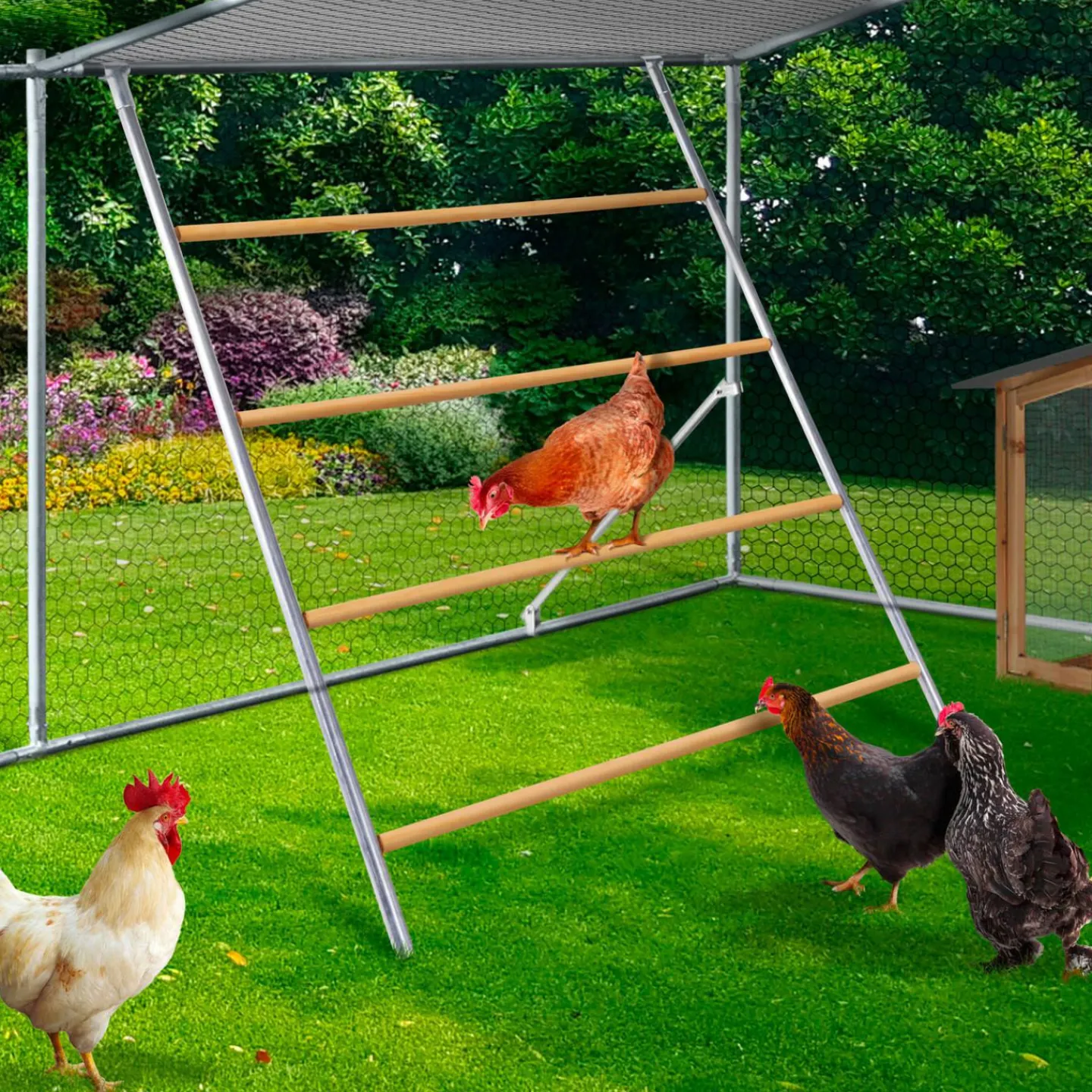 Enclos poulailler 12 m² en acier galvanisé avec perchoir*IDMarket Hot