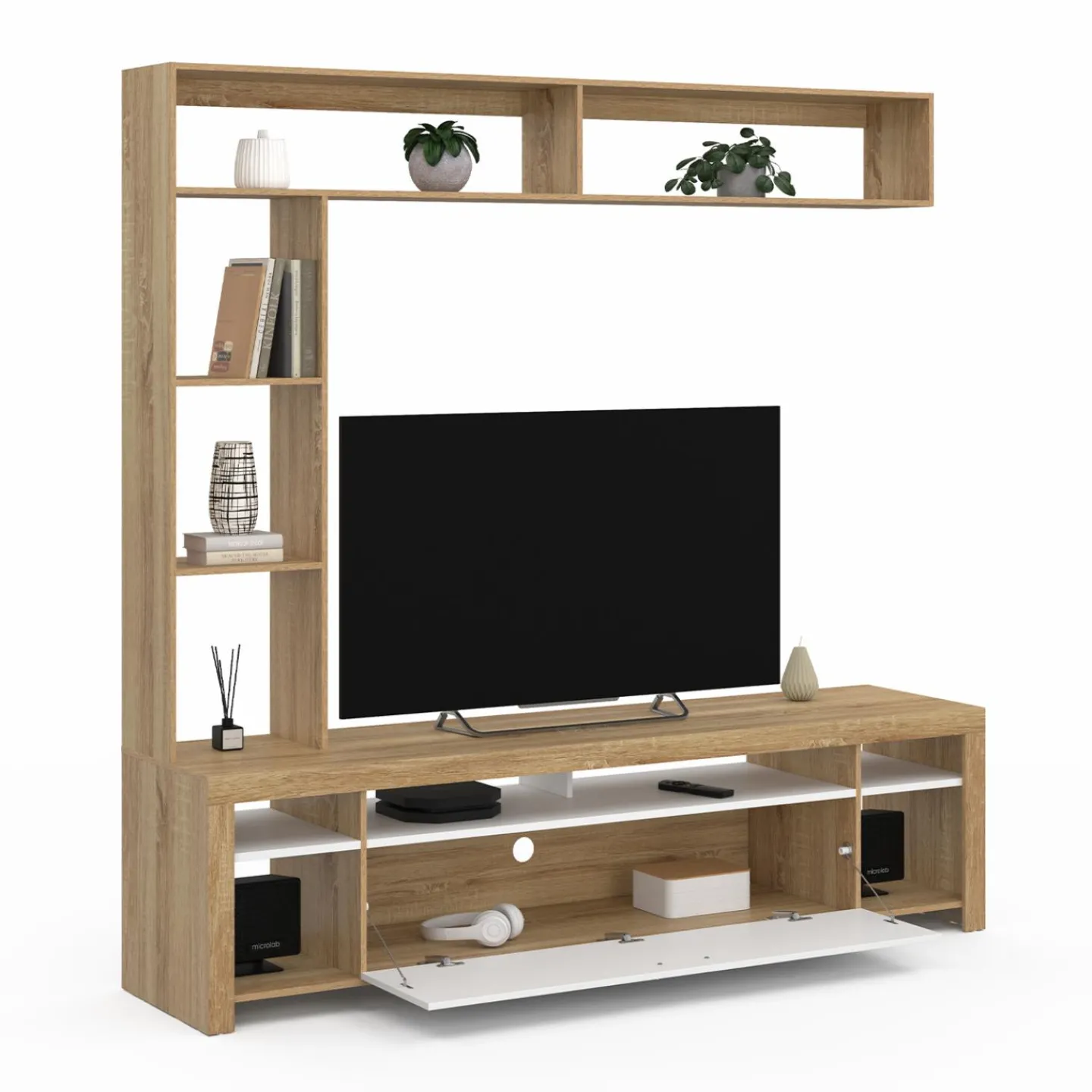 Ensemble meuble télé 170 cm avec étagères bois et placard blanc*IDMarket Online