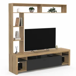 Ensemble meuble télé de 170 cm avec des étagères en bois et un placard noir*IDMarket Discount