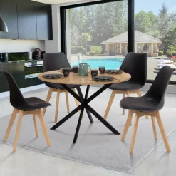 Ensemble table à manger ronde 110 cm bois et noir et 4 chaises noires*IDMarket Best